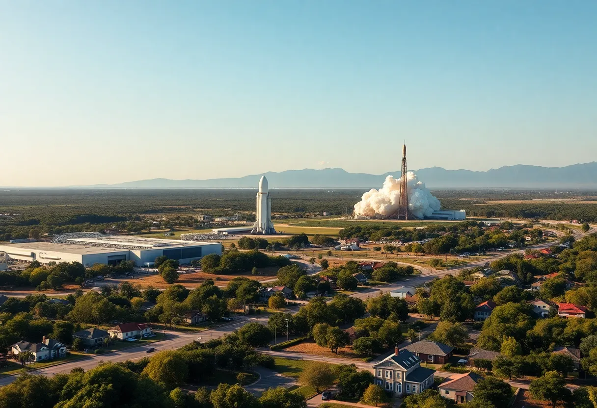 A view of the new Starbase city and SpaceX facility with rockets launching.
