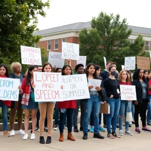 Students protesting for civil rights and freedom of speech on campus.