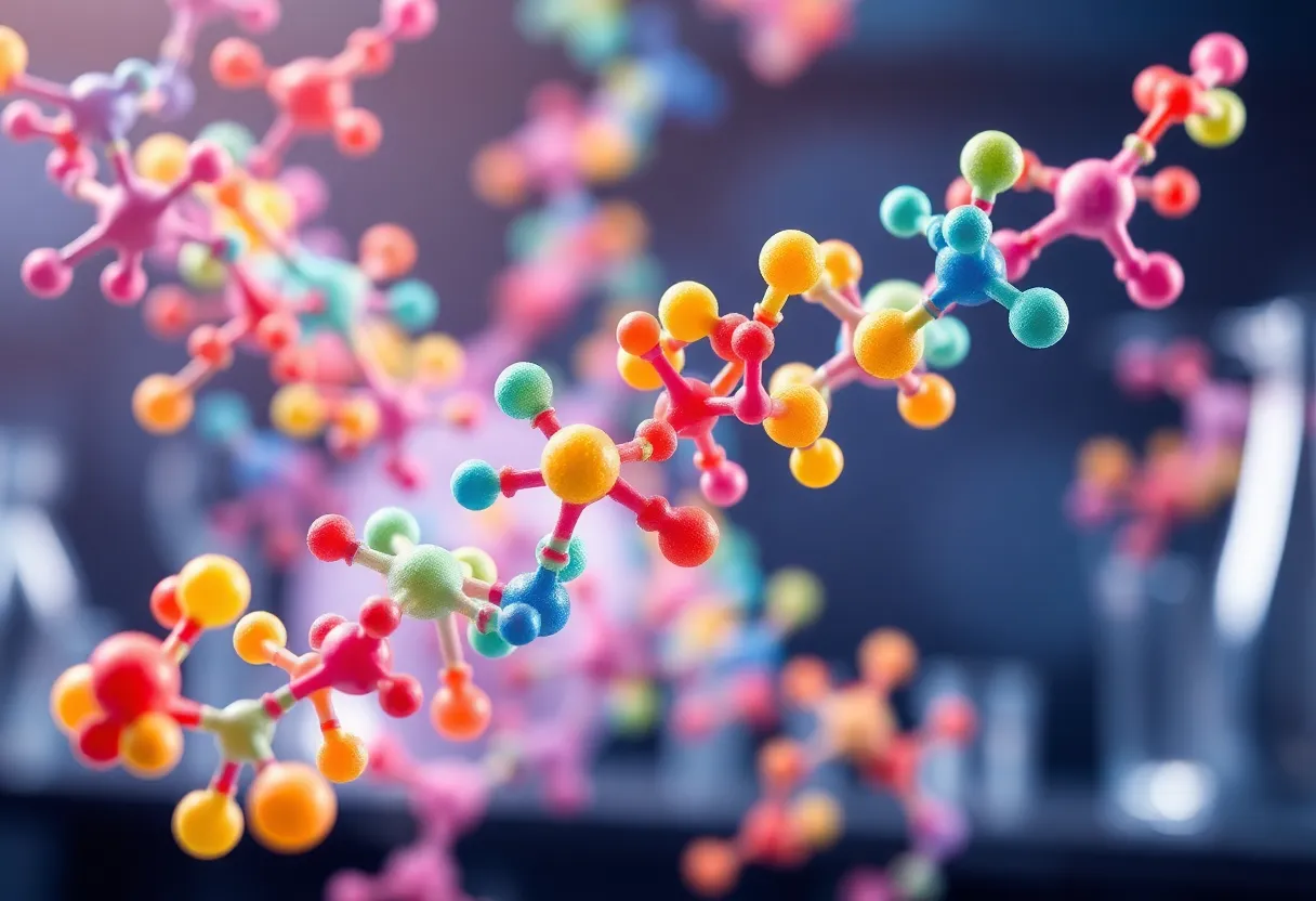 Vivid representation of sugar molecules interacting with proteins in biological systems.