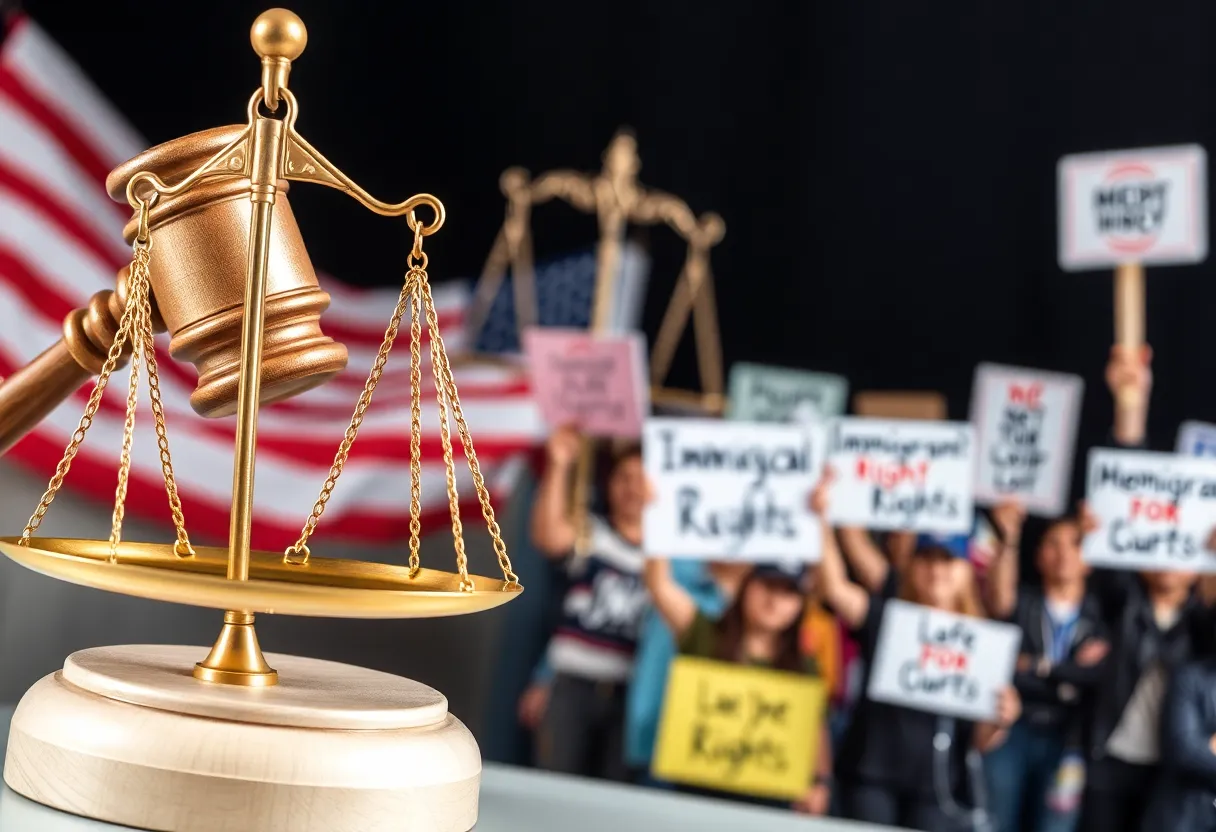 Illustration of justice symbols with a diverse protest scene
