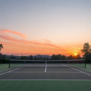 Tennis court at sunset, representing legacy and remembrance