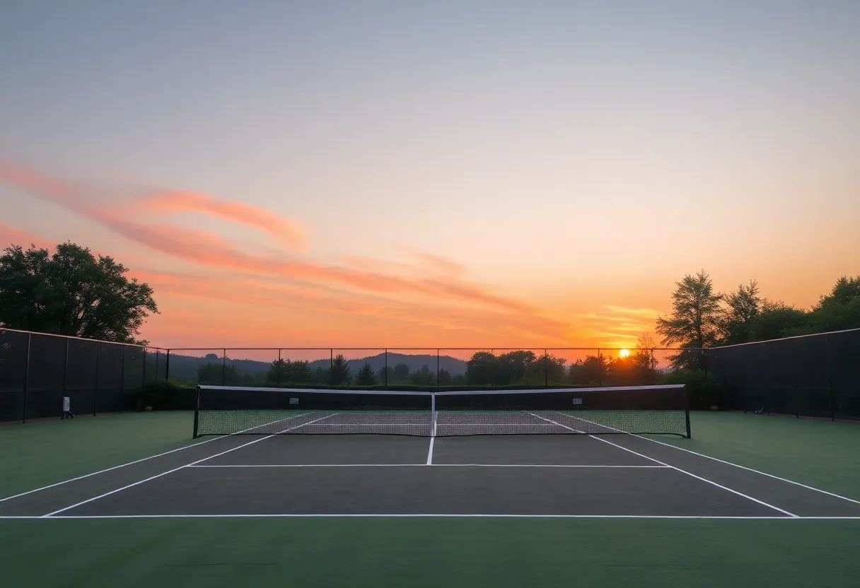 Tennis court at sunset, representing legacy and remembrance
