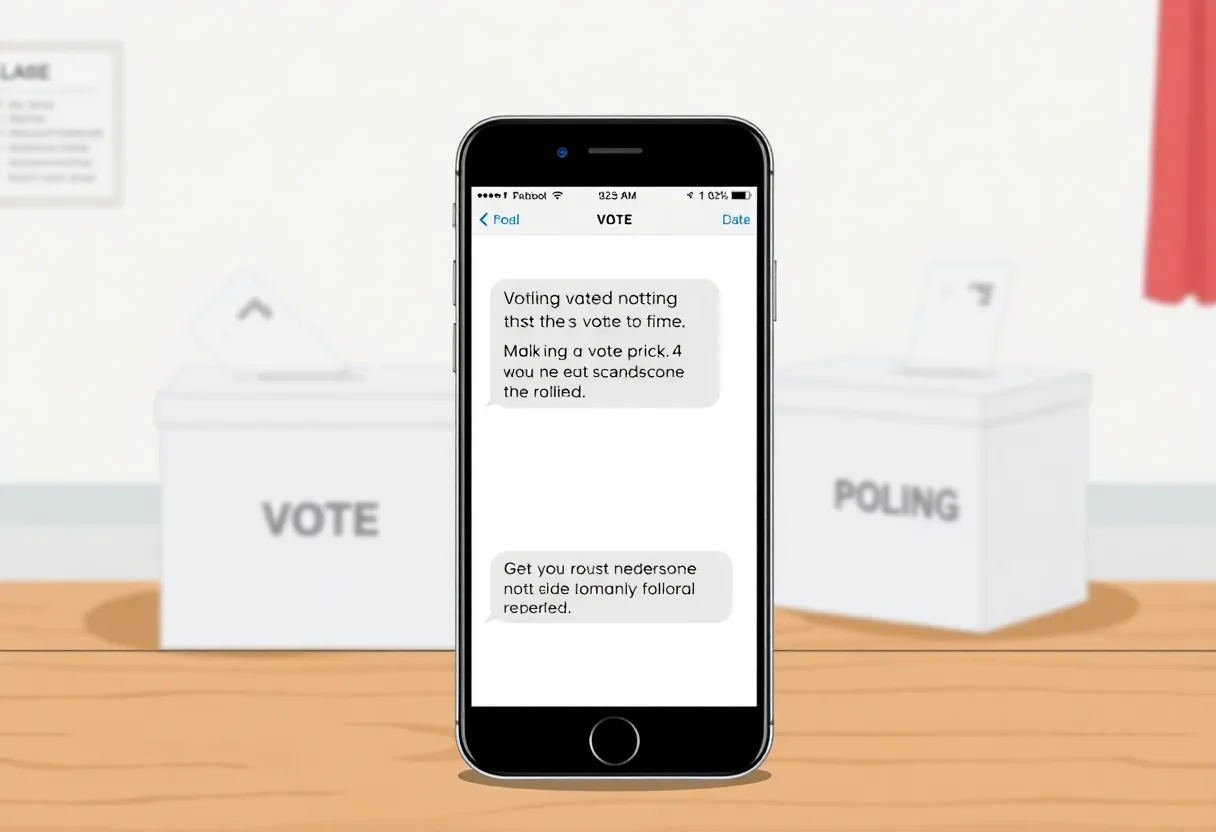 An illustration of a mobile phone showing voting information texts