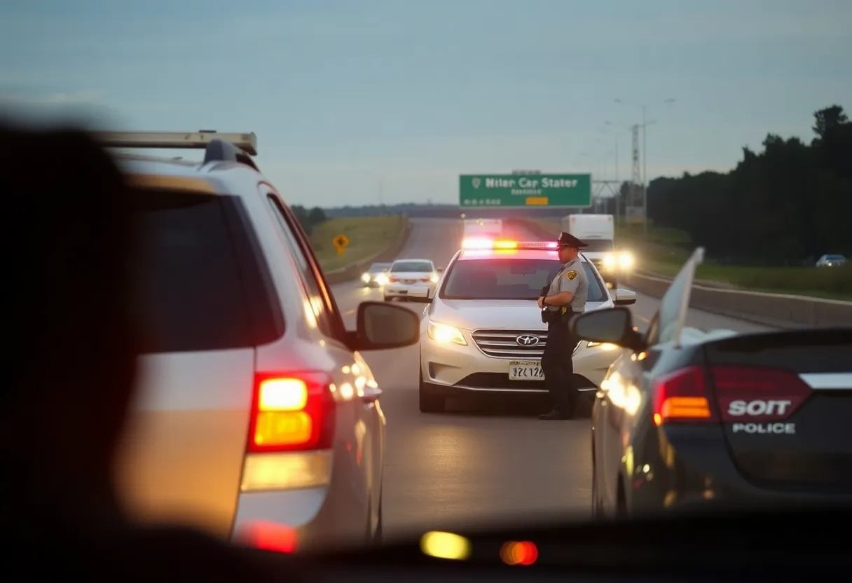 Police officer conducting a traffic stop on a highway