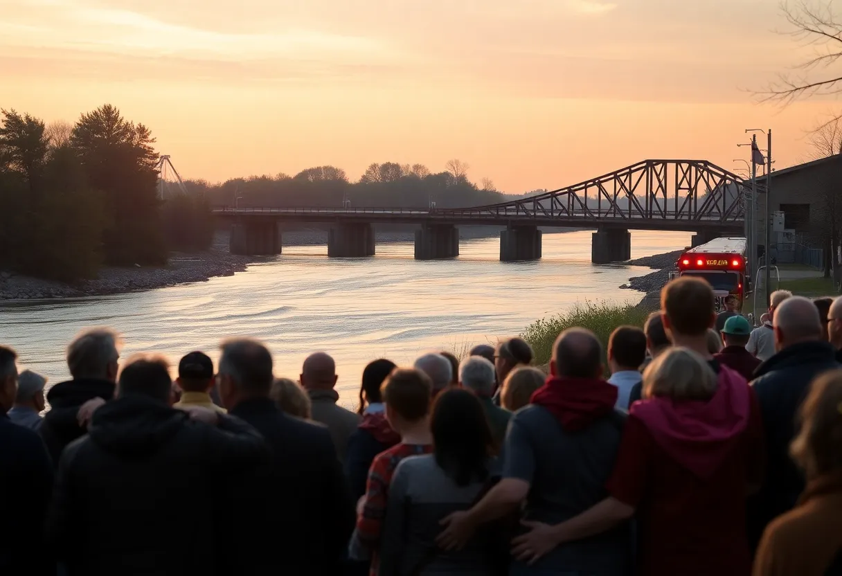 Community members and emergency responders gathered by the river after a tragic train accident.