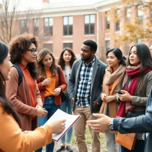 Students and faculty discussing on a campus