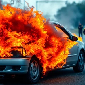 Fire engulfing a vehicle with police presence signifying an insurance fraud investigation