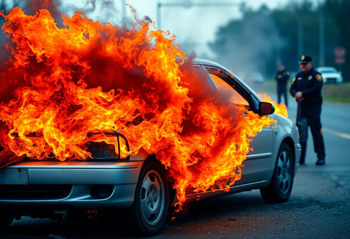 Fire engulfing a vehicle with police presence signifying an insurance fraud investigation