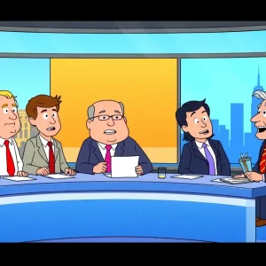 Cartoon representation of a comedic news segment about a political figure