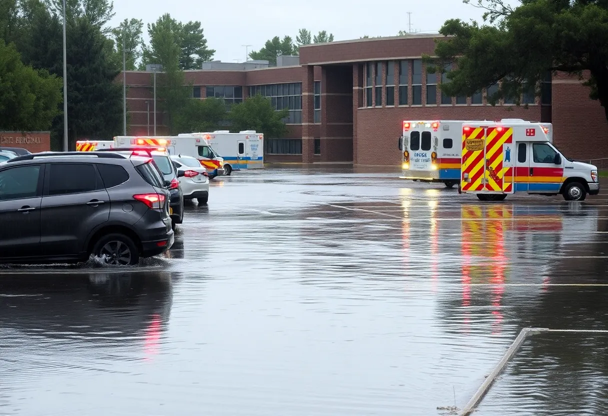 Flooded parking lot at Westernport Elementary School with emergency responders assisting.