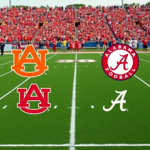 Auburn football field during a game with fans cheering