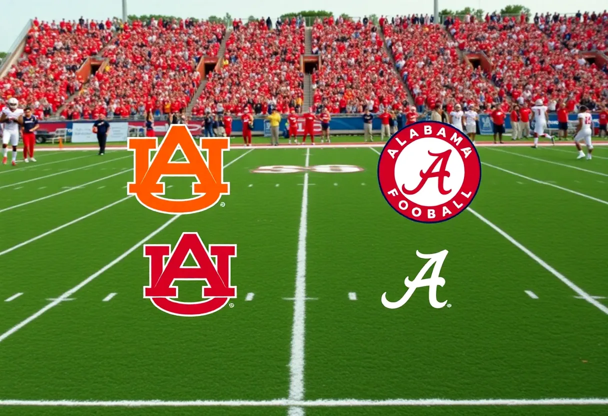 Auburn football field during a game with fans cheering