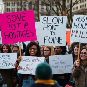 Demonstration advocating for Israeli hostages with peaceful crowds and banners.