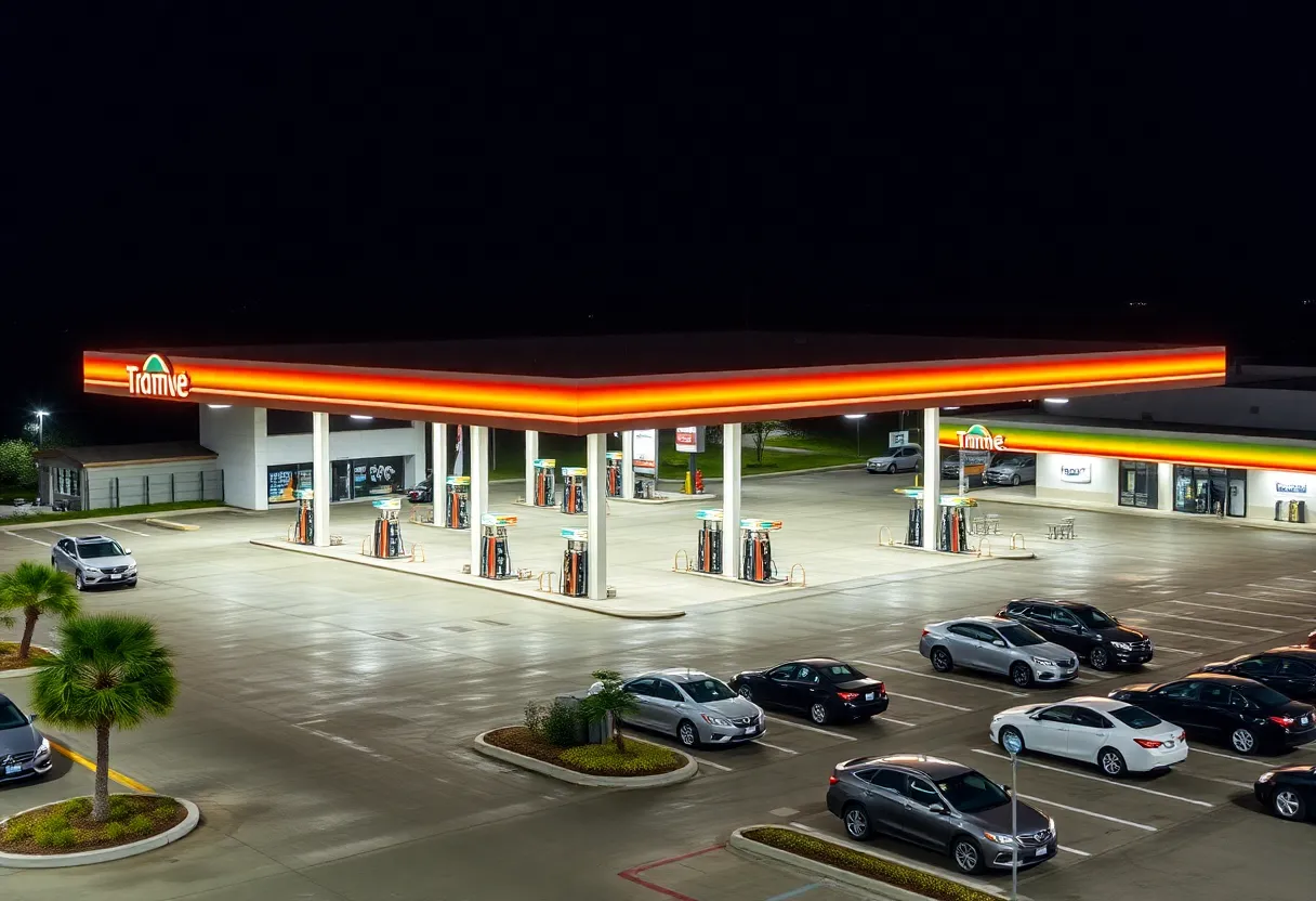 Exterior view of Buc-ee's travel center with gas pumps and vehicles
