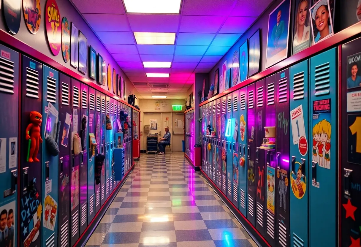 Decorated story lockers displaying nostalgic toys at Cheney School