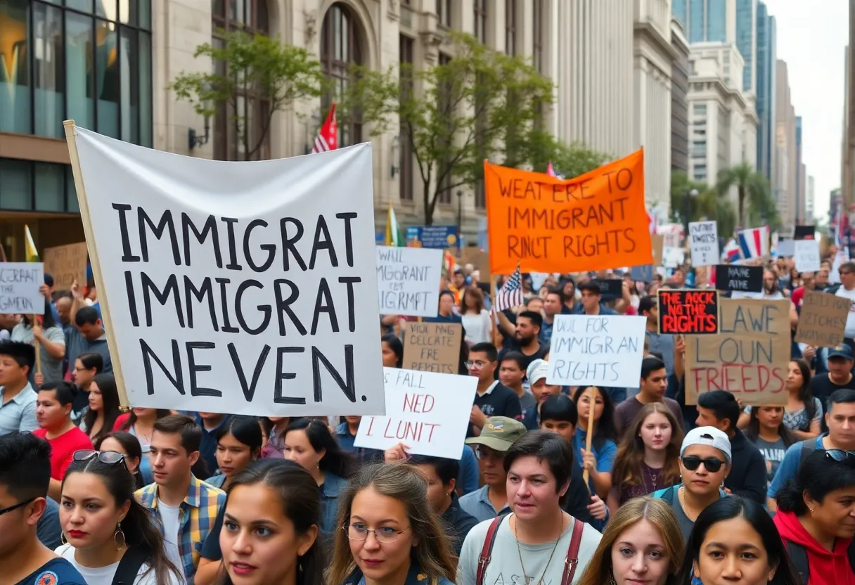 Crowd of protesters marching for immigrant rights in Chicago.