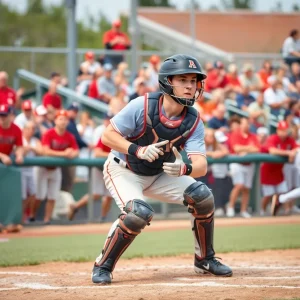 Catcher in action during a college baseball game