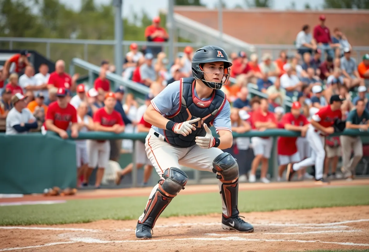 Catcher in action during a college baseball game