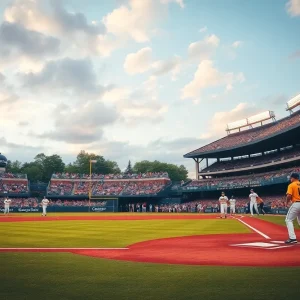 Scene of a college baseball game with players and fans.