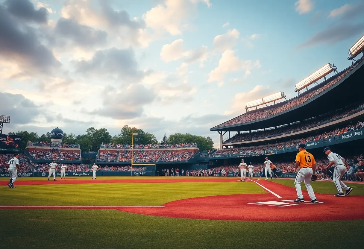 Scene of a college baseball game with players and fans.