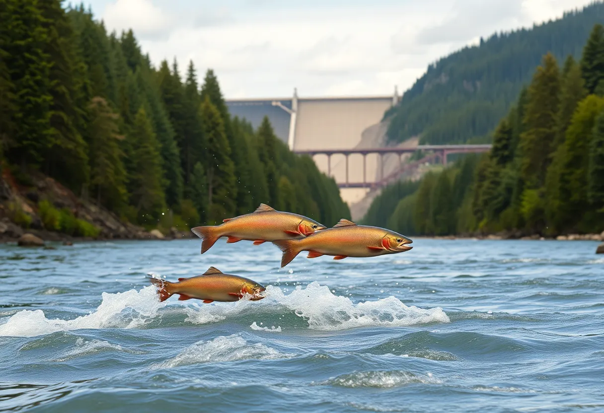Scenic view of the Columbia River with salmon jumping