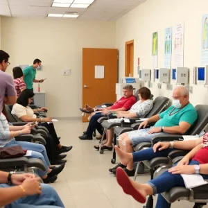 People donating platelets at a blood donation center