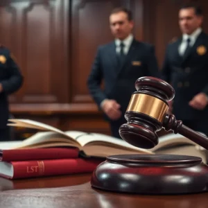 A courtroom with legal books and a gavel symbolizing justice.