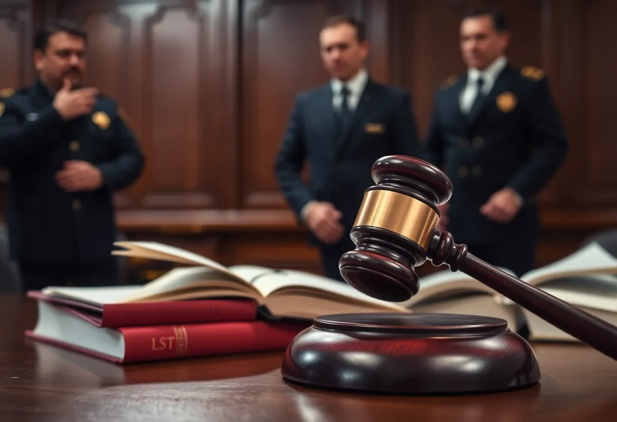 A courtroom with legal books and a gavel symbolizing justice.