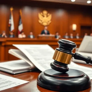 A courtroom with legal documents and a gavel representing immigration charges.