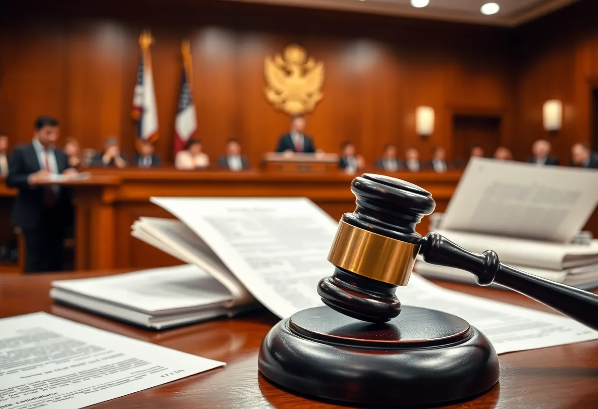 A courtroom with legal documents and a gavel representing immigration charges.