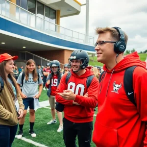 A college football visit atmosphere with young athletes interacting with coaches.