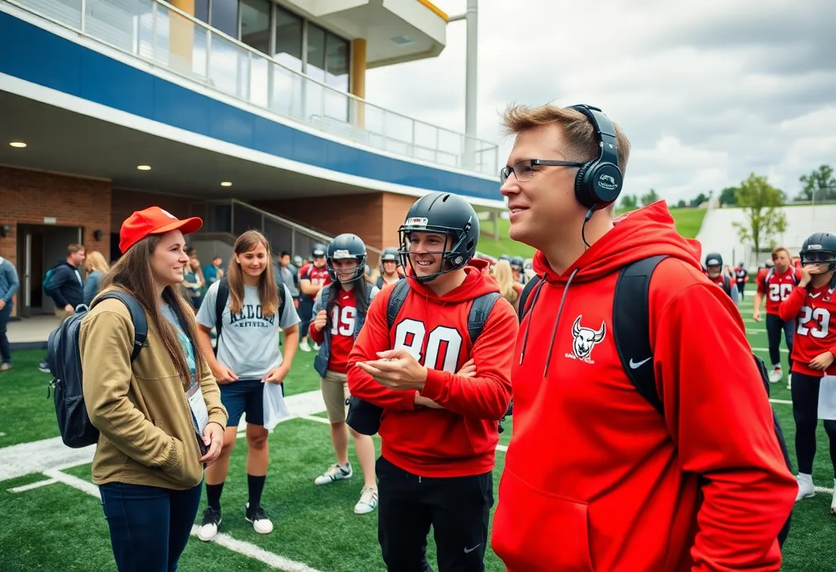 A college football visit atmosphere with young athletes interacting with coaches.