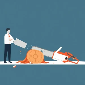 Conceptual illustration of bureaucracy being cut down.