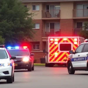 Police and medical response at an apartment complex following a domestic violence incident.