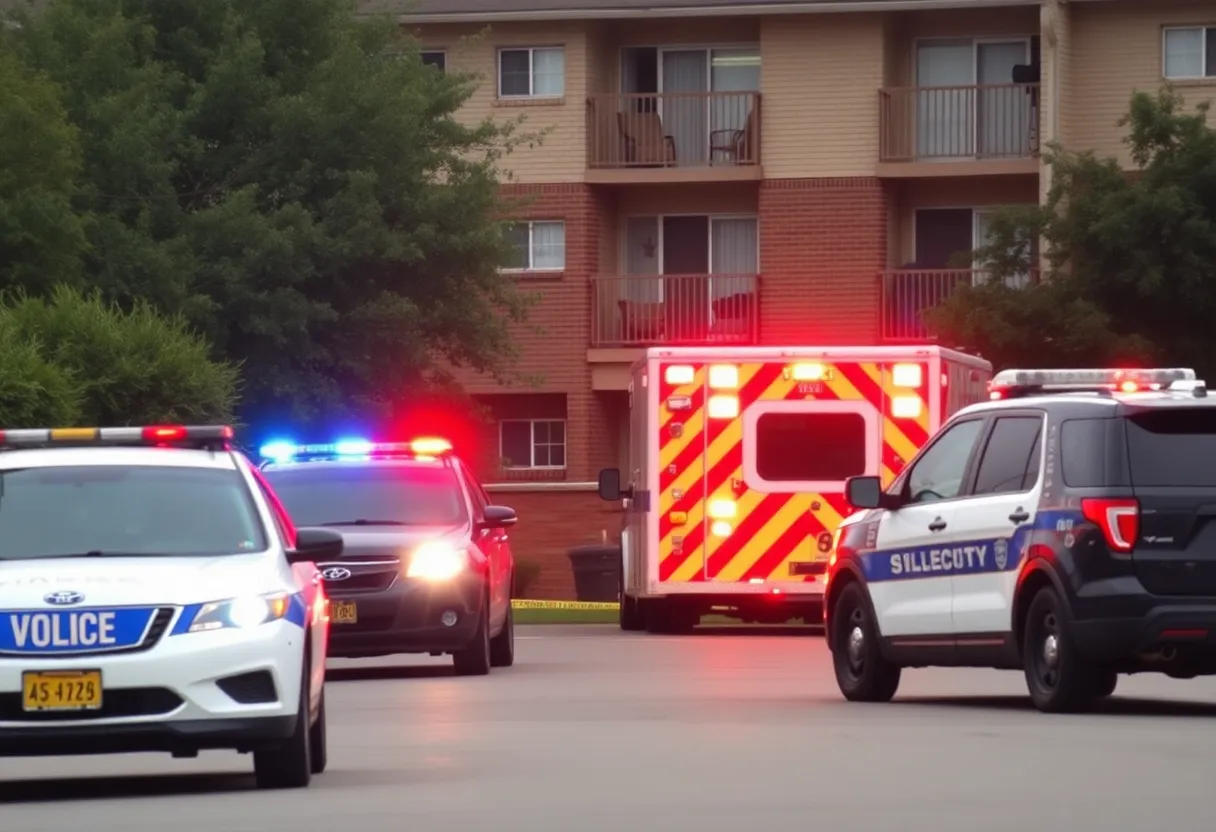 Police and medical response at an apartment complex following a domestic violence incident.