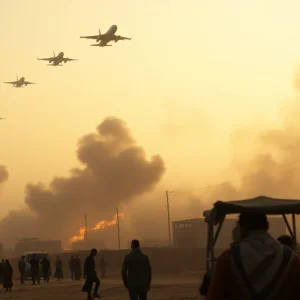 Military conflict scene in the Middle East with aircraft and smoke.