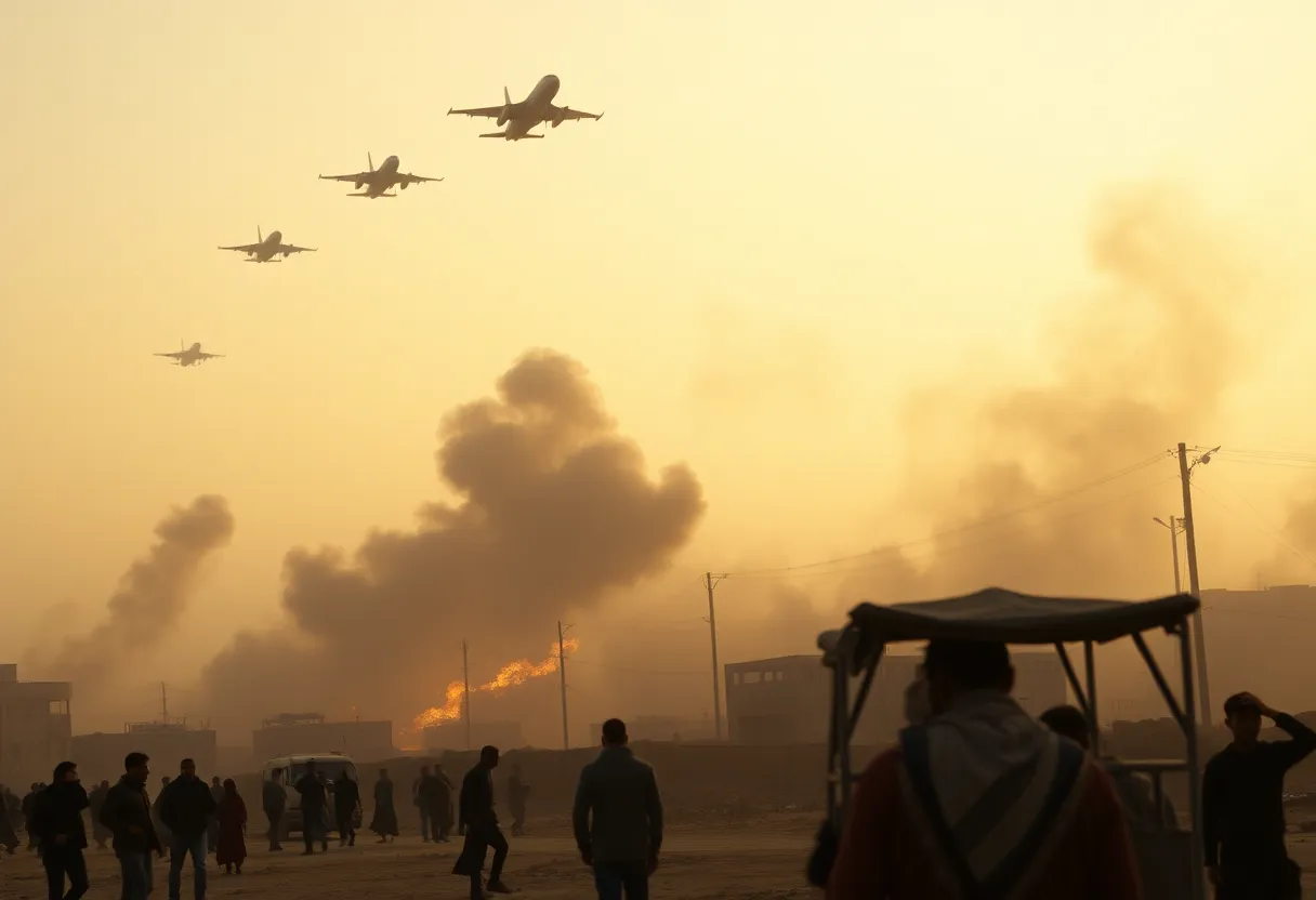 Military conflict scene in the Middle East with aircraft and smoke.