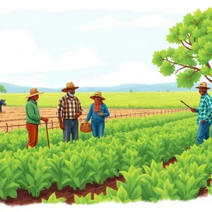 Farmers working in a field showcasing agricultural labor