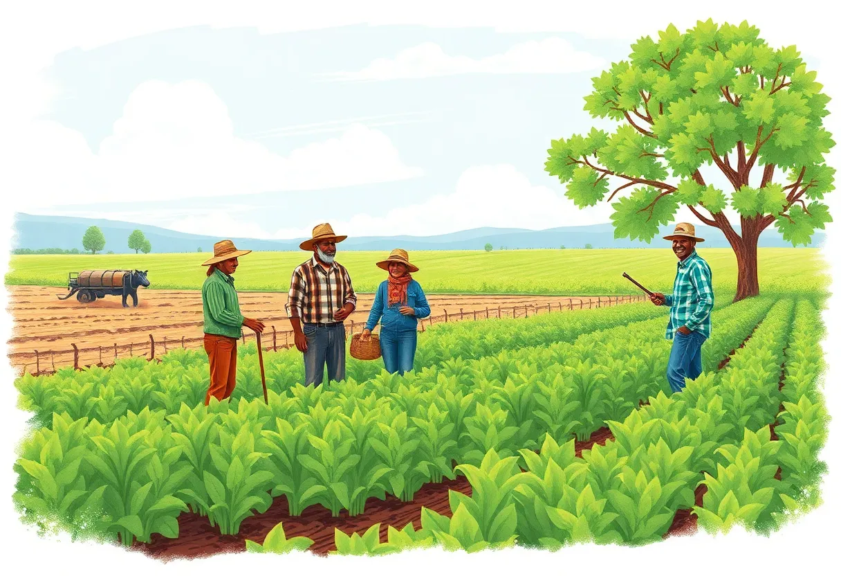 Farmers working in a field showcasing agricultural labor