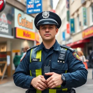 Police officer investigating fraud at local businesses