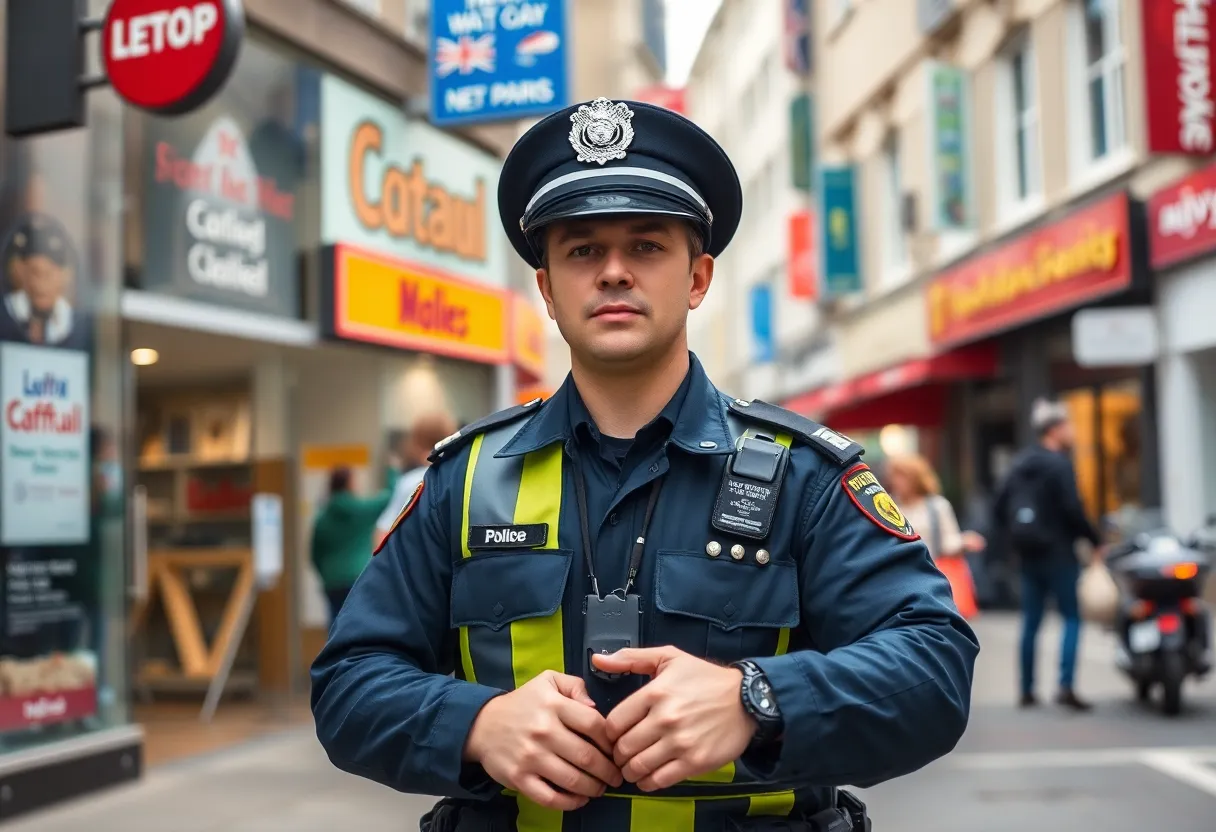 Police officer investigating fraud at local businesses