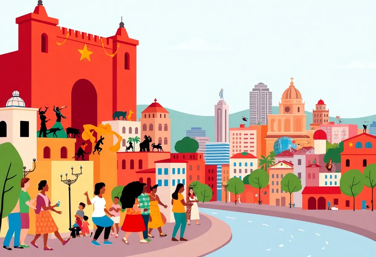 Diverse community celebrating in San Antonio with inclusivity symbols