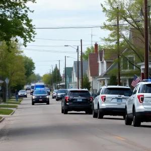 Quiet street in Green Isle, Minnesota with police presence
