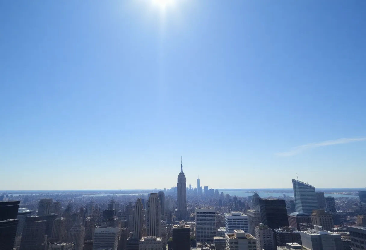 A city skyline under a scorching sun during a heat wave
