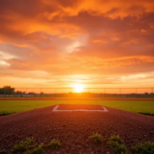 Baseball pitcher celebrating an award under a sunset