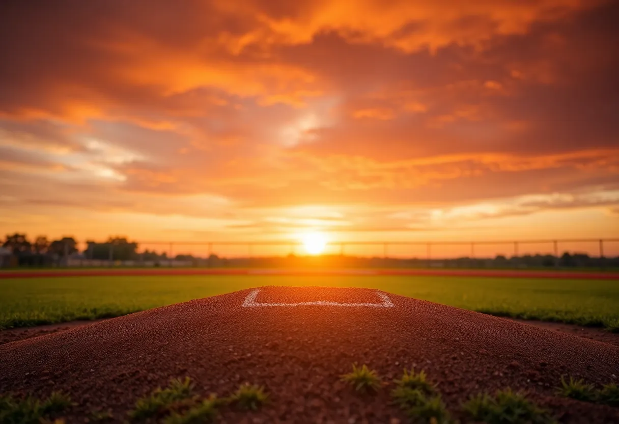 Baseball pitcher celebrating an award under a sunset