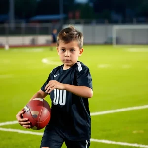 Young athlete practicing football on a field