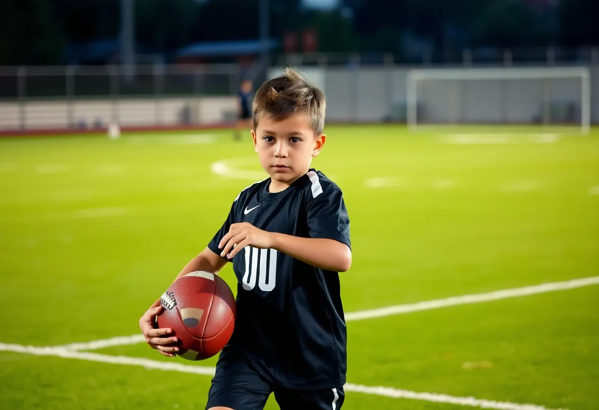 Young athlete practicing football on a field