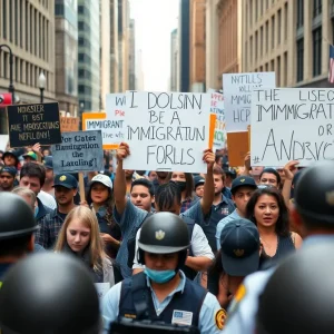 Crowd protesting for immigration rights in Los Angeles