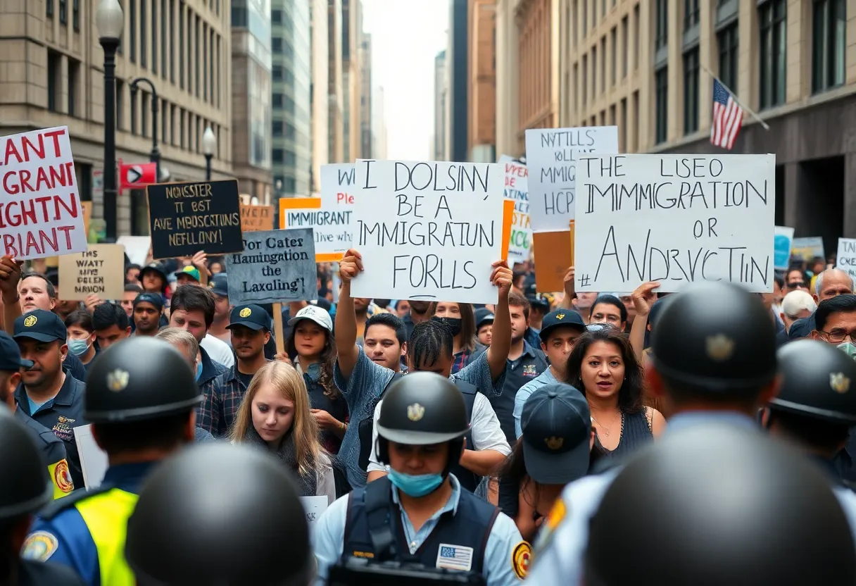 Crowd protesting for immigration rights in Los Angeles